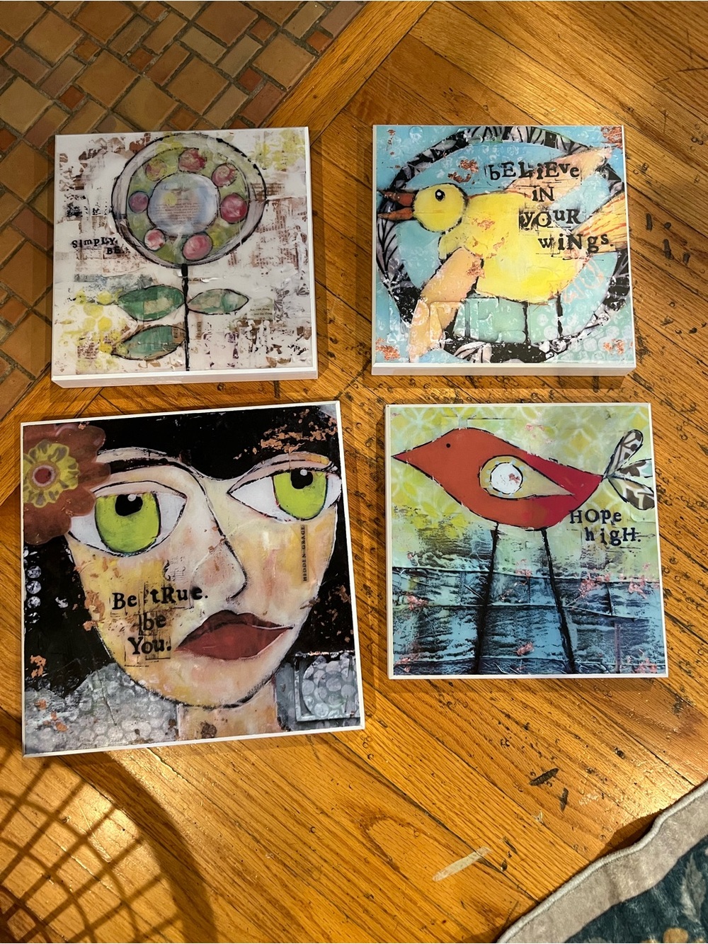 Set of 4 Home Art wood decor in Yellow, Green, Red, Black